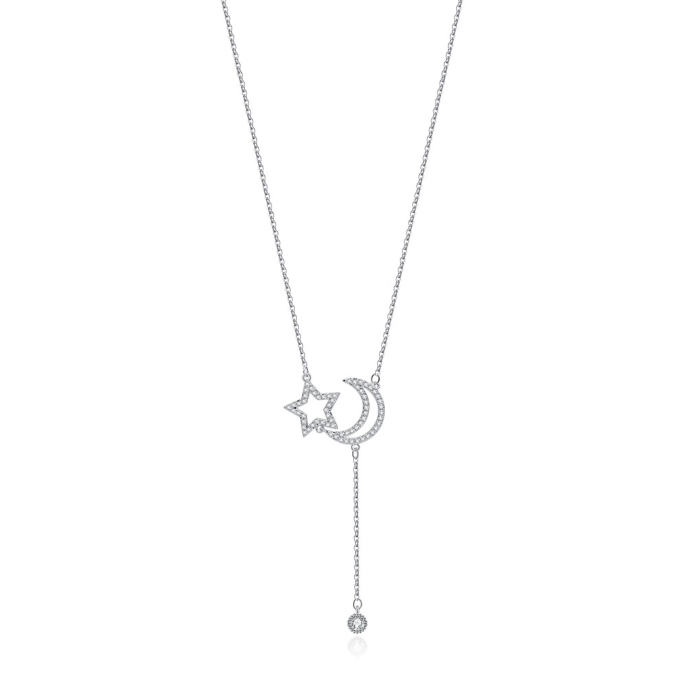 Moon Star Rhodium Pendant Dangle Necklace